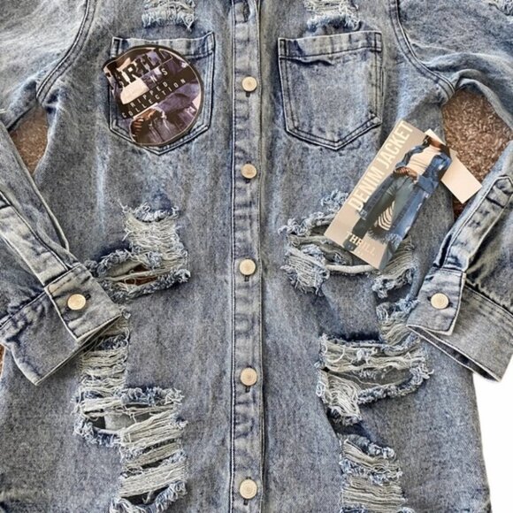 NEW THRILL Destroyed Long Denim Jacket Sz M - Picture 5 of 15